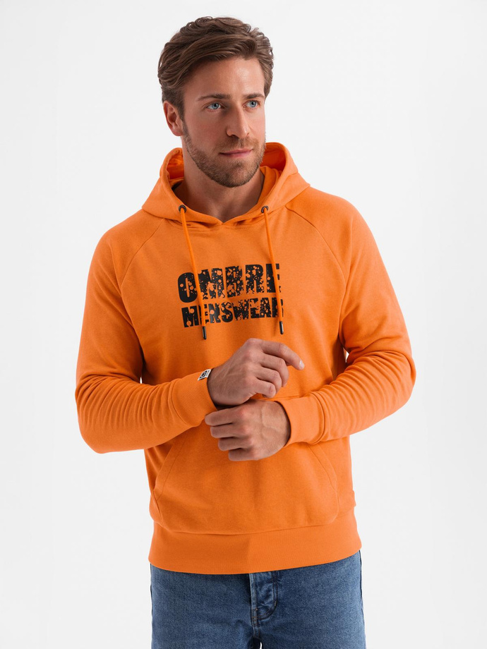 Men's kangaroo sweatshirt with hood and print - orange V1 OM-SSPS-0155