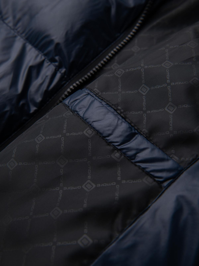 Jachetă puffer călduroasă pentru bărbați cu margini cu nervuri - albastru marin V2 OM-JAHP-0207