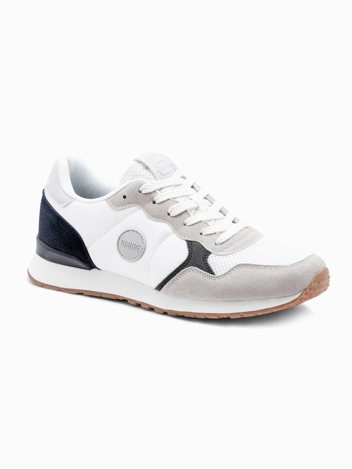 Men's shoes sneakers with combined materials and mesh - white and navy blue V3 OM-FOSL-0155