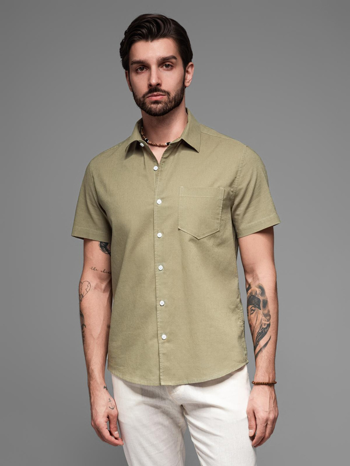 Men's short sleeve cotton and linen shirt with pocket - olive V6 OM-SHSS-0167