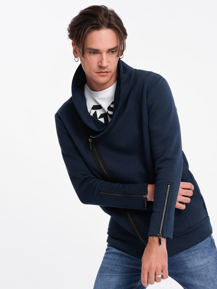 Unbuttoned men's sweatshirt with stand-up collar LONDON - navy blue B1362