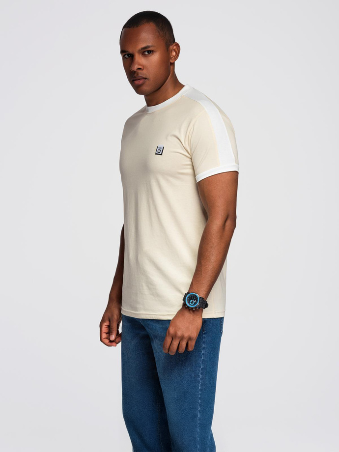 Tricou pentru bărbați cu dungi contrastante - crem V7 OM-TSCT-0115