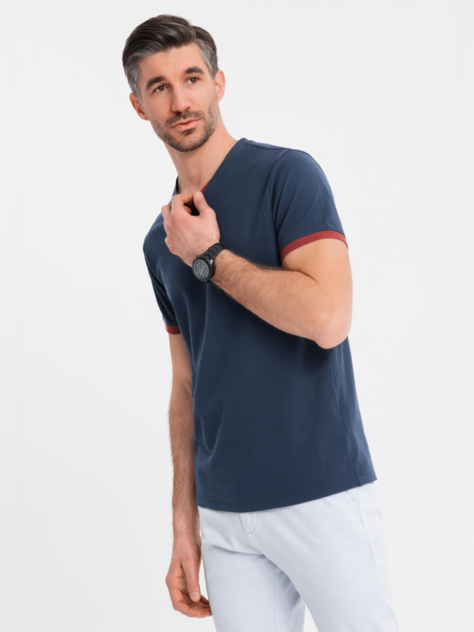 Men's T-shirt with contrasting inserts and v-neck - navy blue V1 OM-TSCT-0198