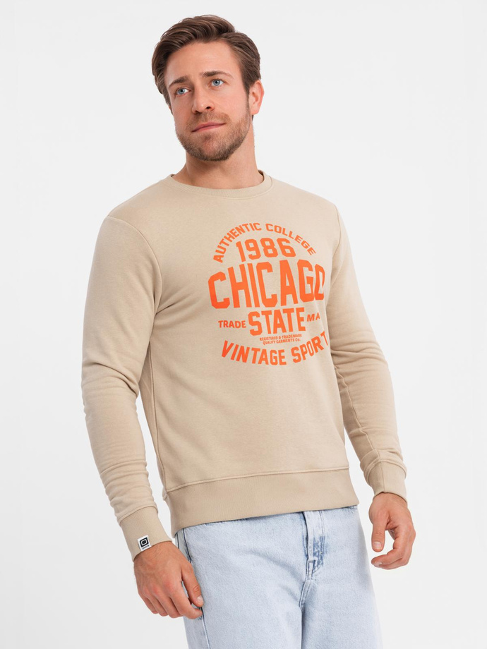 Men's unbuttoned sweatshirt with collegiate print - sand V1 OM-SSPS-0154