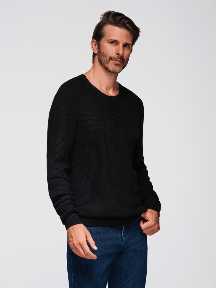 Men's ribbed sweater with buttons at the neckline - black V2 OM-SWSW-0182