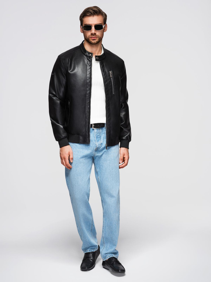 Men's faux leather jacket with ribbed bottom hem - black V2 OM-JAFL-0109