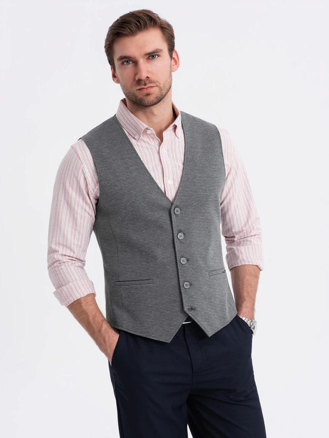 Fitted elegant men's structured knit vest - graphite V3 OM-BLZV-0147