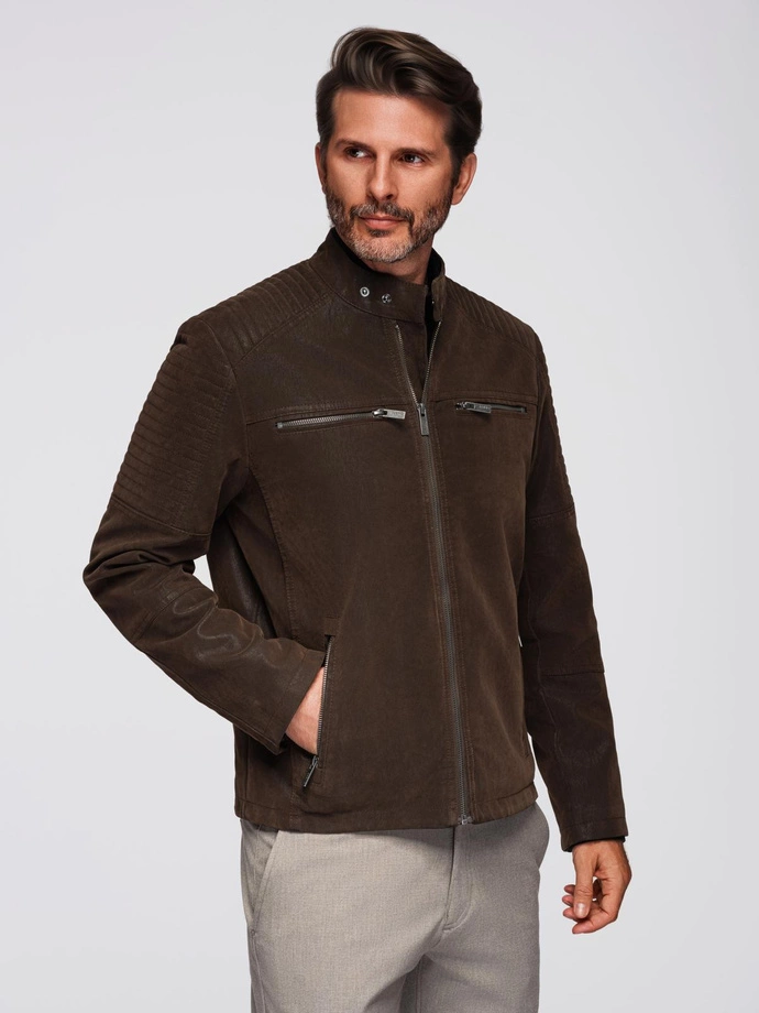 Men's stylish eco leather biker jacket with collar - dark brown V1 C637