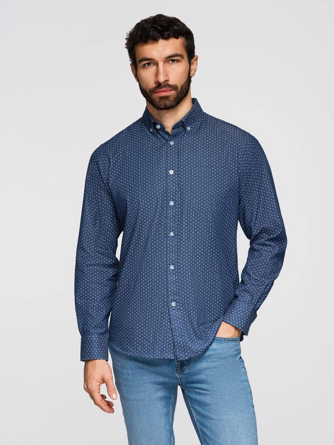 Cămașă bărbătească din bumbac cu model SLIM FIT - albastru marin V6 OM-SHCS-0151
