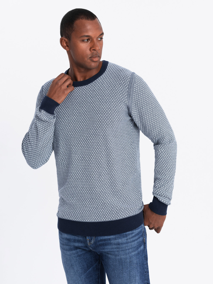 Knitted men's RELAXED FIT sweater with patterns - navy blue V1 OM-SWSW-0111