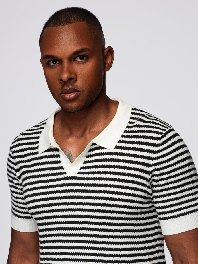 Men's knitted buttonless polo shirt with navy stripes - black and white V1 OM-POSS-0161