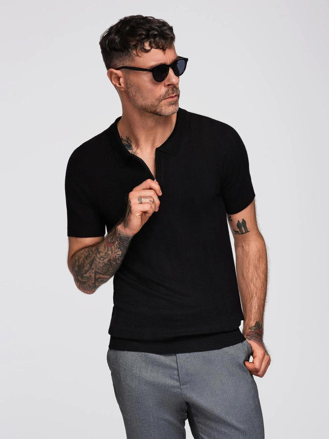 Tricou polo pentru bărbați cu fermoar la decolteu - negru V2 OM-POSS-0158