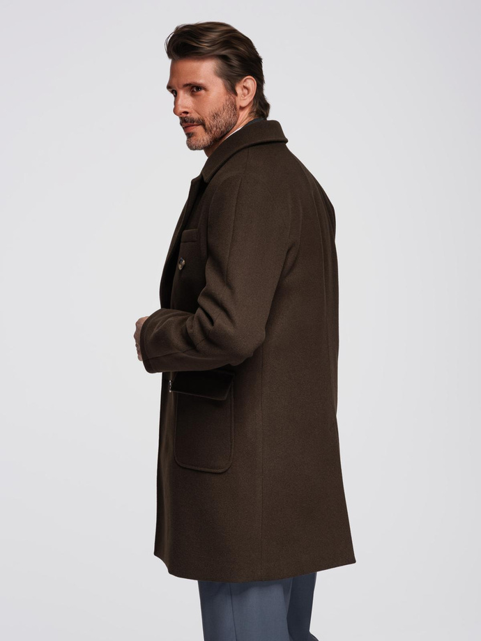 Men's double-breasted coat with decorative buttons - dark brown V3 OM-COWC-0137