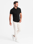 Men's knitted slim fit shirt with short sleeves and collar - black V4 OM-SHSS-0100