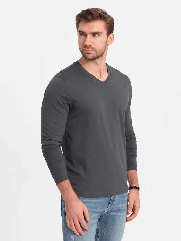 Pánské tričko s dlouhým rukávem bez potisku a výstřihem do V - grafitové V4 OM-LSBL-0108