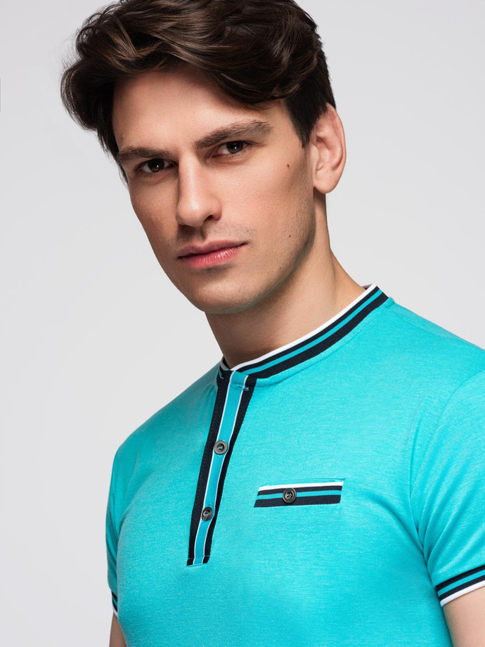 Tricou bărbătesc henley cu nervuri decorative - turcoaz V7 OM-TSCT-0175