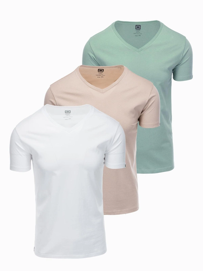 Set tricou bărbătesc BASIC din bumbac cu decolteu în V - gri-verde/alb/bej V14 OM-TSBS-0233 