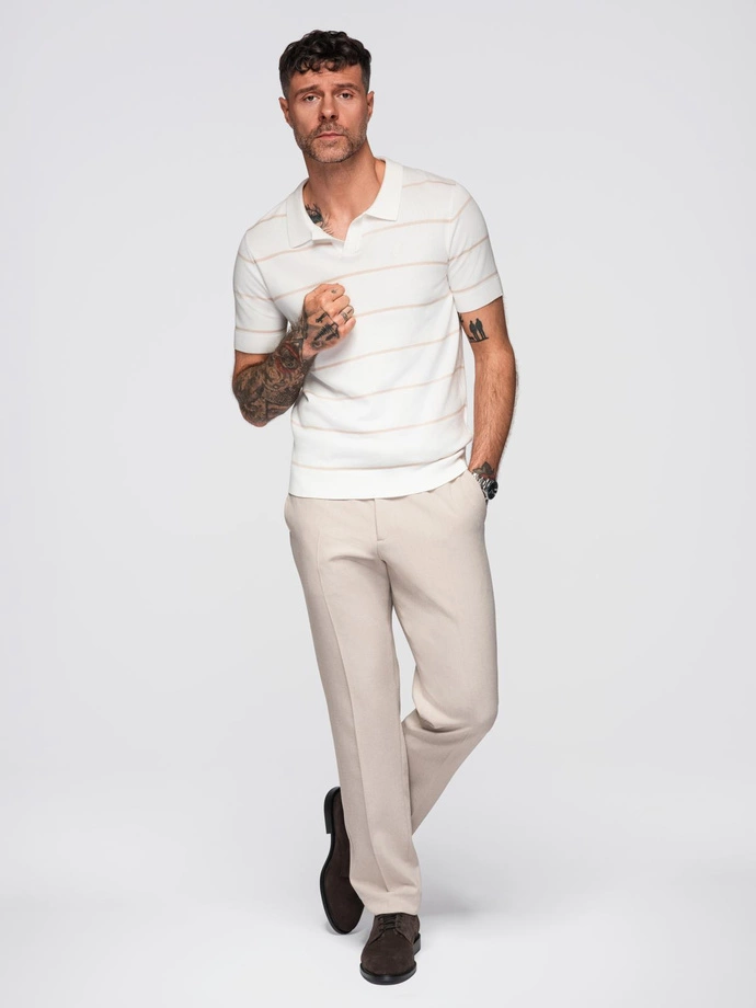 Men's horizontal striped viscose polo shirt - white and beige V4 OM-POSS-0145