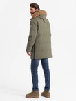 Men's long parka jacket with flared bottom - dark olive green V4 OM-JALJ-0184