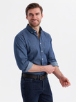 Men's patterned thin denim shirt with pocket - blue V2 OM-SHDS-0179