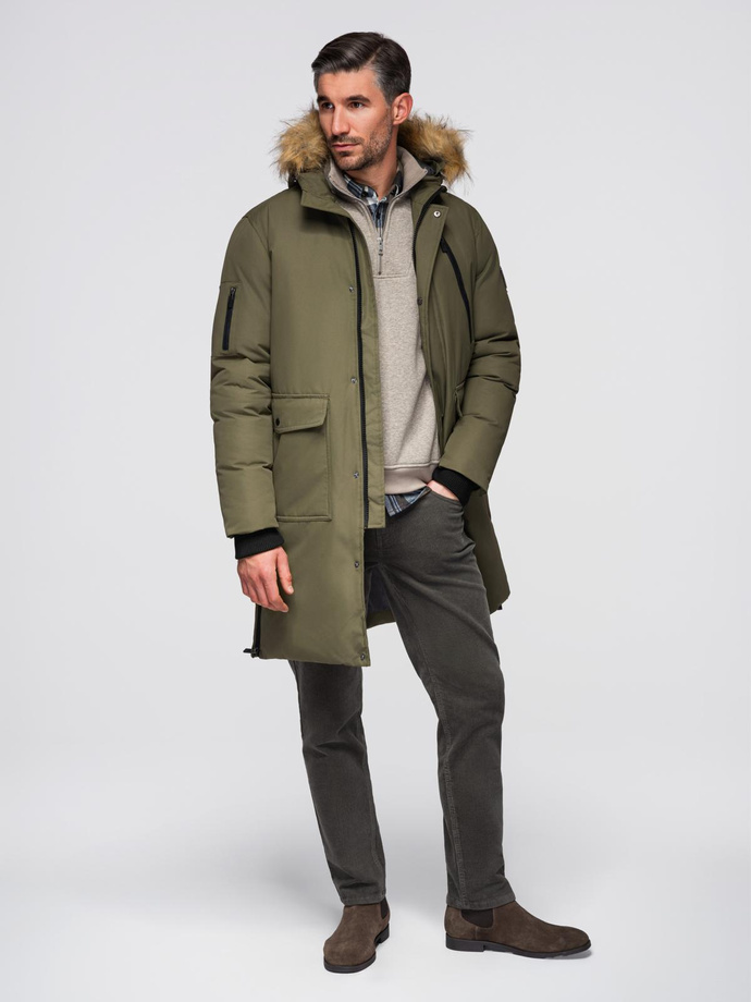Alaskan men's winter jacket with detachable fur from the hood - dark olive green V3 OM-JALJ-0148
