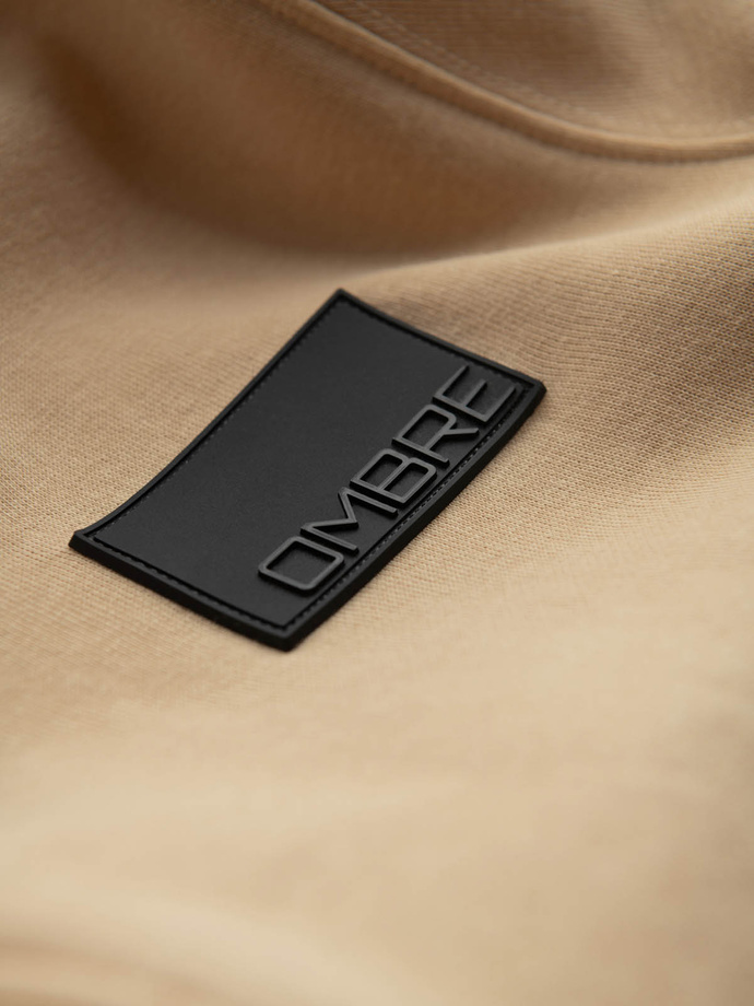 Men's unbuttoned sweatshirt with hood and patch - sand V2 OM-SSZP-0140