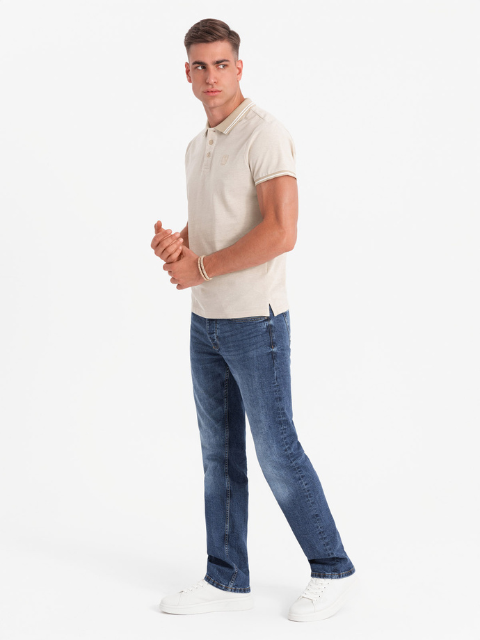 Men's melange polo shirt with striped collar - sand V4 OM-POSS-0109