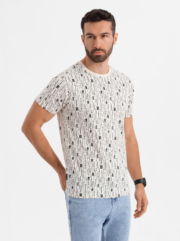 Printed cotton T-shirt with round neckline - cream V1 OM-TSFP-0225