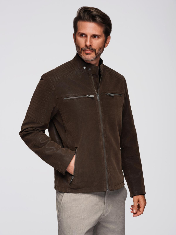 Men's retro biker jacket with stand-up collar - brown V1 OM-JAFL-0197