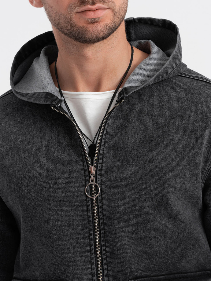 Men's denim jacket katana with cargo pockets and hood - black V4 C558