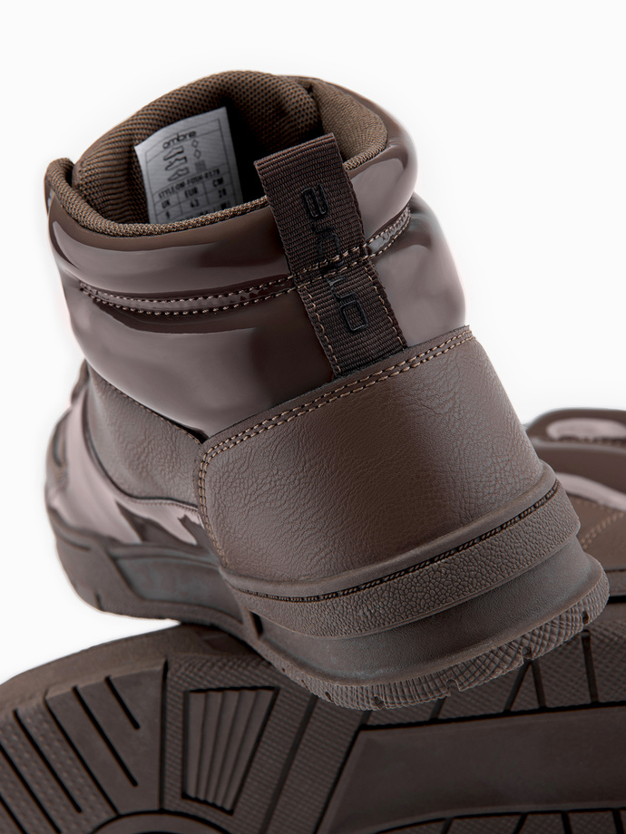 Men's high-top sneakers shoes with shiny elements - dark brown V3 OM-FOSH-0178