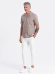 Men's short sleeve shirt with Cuban collar - dark beige V3 OM-SHSS-0168