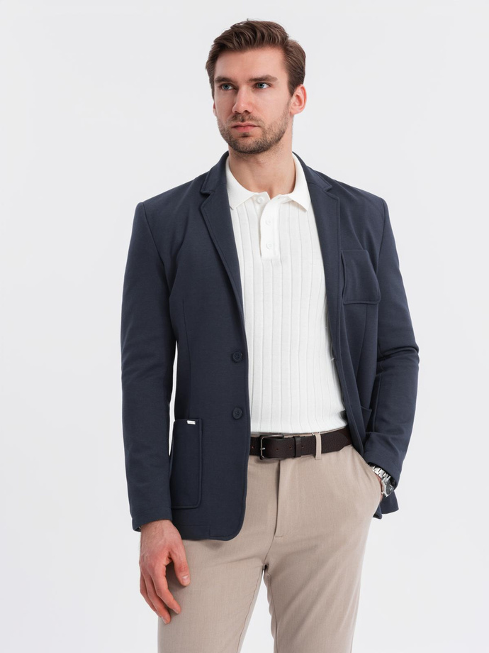 Men's SLIM knit jacket with subtle texture - navy blue V3 OM-BLZB-0101