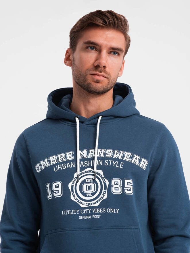 Men's kangaroo hoodie with college style print - navy blue V2 OM-SSPS-0143