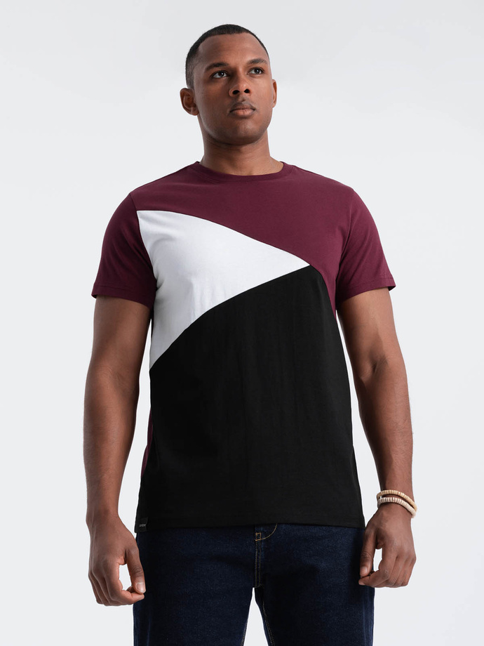 Men's cotton tricolor t-shirt - maroon and black V5 OM-TSCT-0174