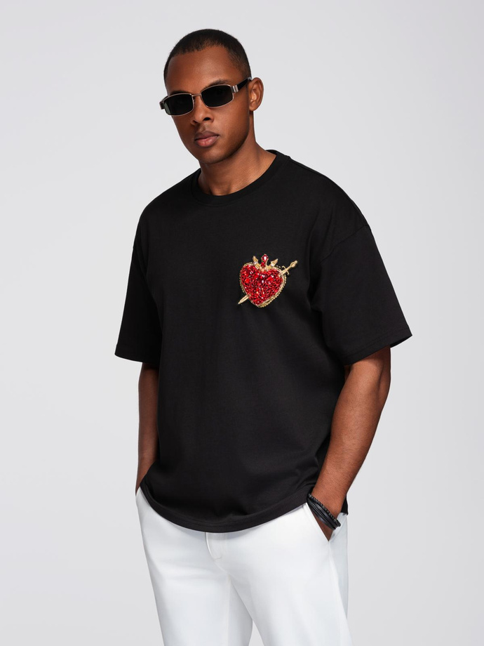 Tricou bărbătesc din bumbac cu aplicații de bijuterii pe piept - negru V1 OM-TSCT-0290