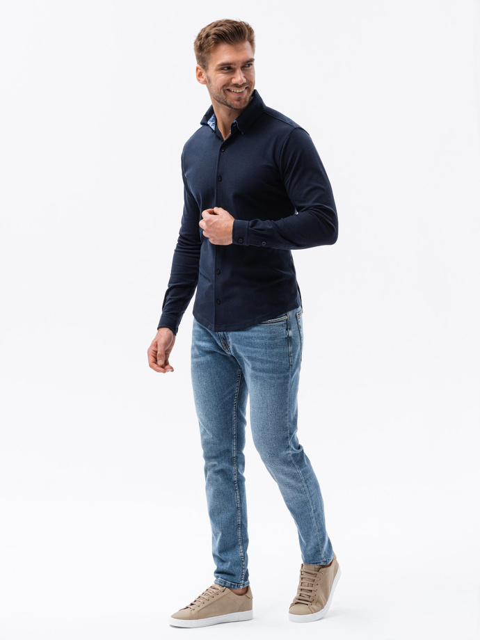 Men's knitted SLIM FIT long sleeve shirt - navy blue V2 OM-SHCS-0177 