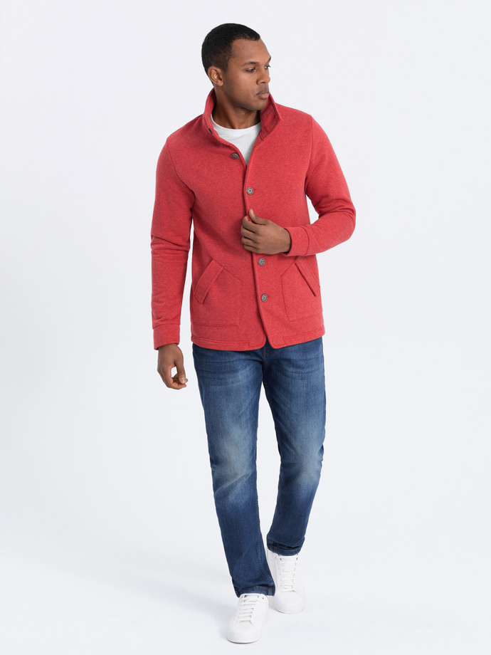 Men's casual sweatshirt with button-down collar - red melange V3 OM-SSZP-0171