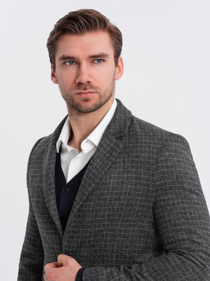 Pánske vlnené kockované sako - grafitová V2 OM-BLZB-0117
