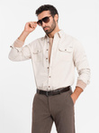 Men's REGULAR FIT cotton shirt with buttoned pockets - cream V1 OM-SHCS-0146