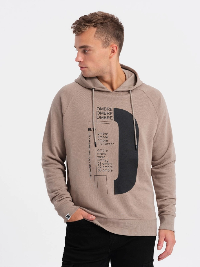 Pánska mikina s potlačou HOODIE - tmavo béžová V2 OM-SSPS-0152