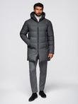 Men's long quilted jacket with hood - grey V2 OM-JALJ-0264