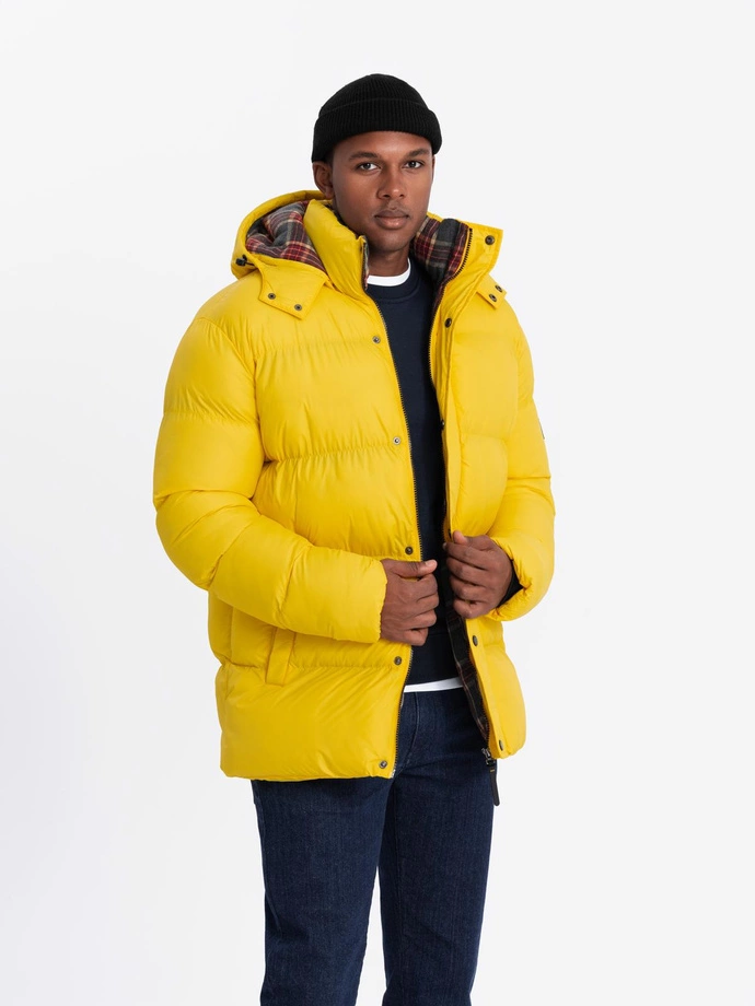 Men's puffer jacket with check lining - yellow V3 OM-JAHP-0205