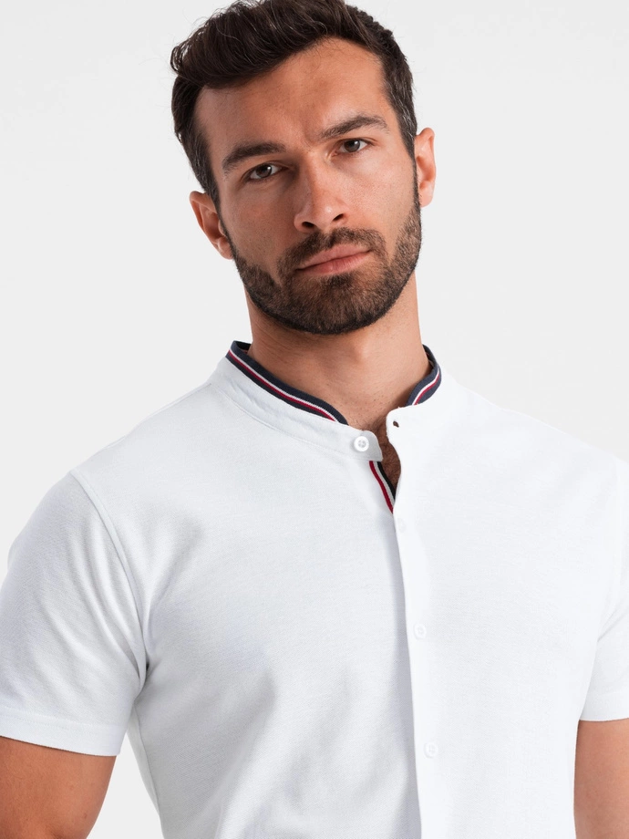 Men's knitted shirt with short sleeves and collared collar - white V1 OM-SHSS-0101