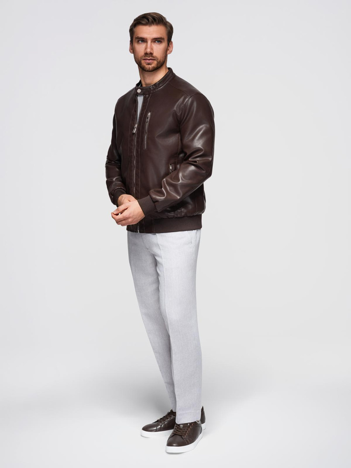 Men's imitation leather jacket with ribbed hem - dark brown V1 OM-JAFL-0109