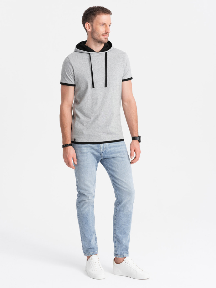 Tricou cu glugă din bumbac casual pentru bărbați - gri melange V8 OM-TSCT-22SS-001