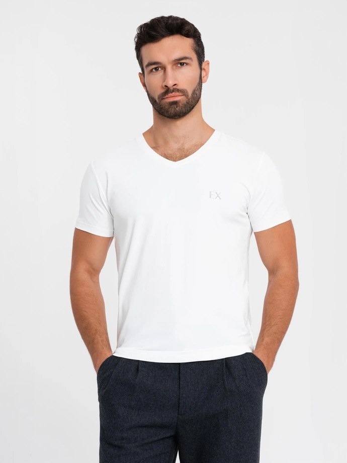 Tricou bărbătesc SLIM FIT cu decolteu în V, elastan și imprimeu - alb V2 OM-TSBC-0221 