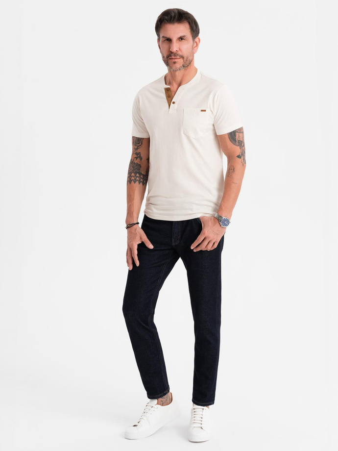 Men's t-shirt with button neckline and suede trim - white V1 OM-TSCT-0206