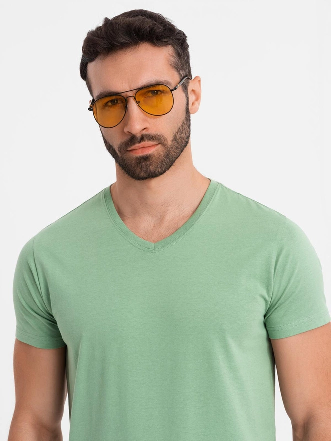 Bumbac clasic pentru bărbați BASIC tricou cu guler în V - maro V10 OM-TSBS-0145