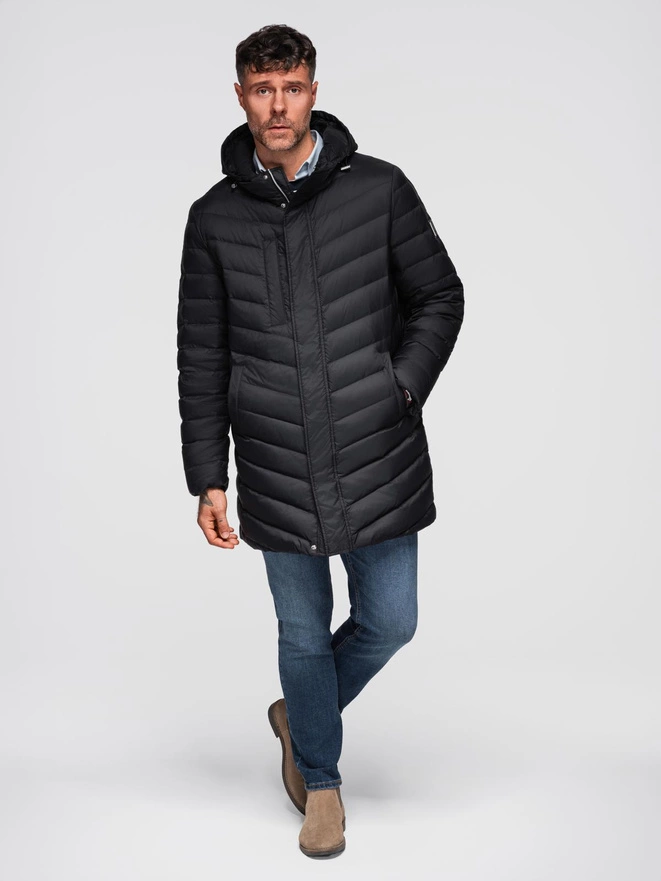 Men's quilted jacket with combined materials and hood - navy blue V3 OM-JALJ-0266